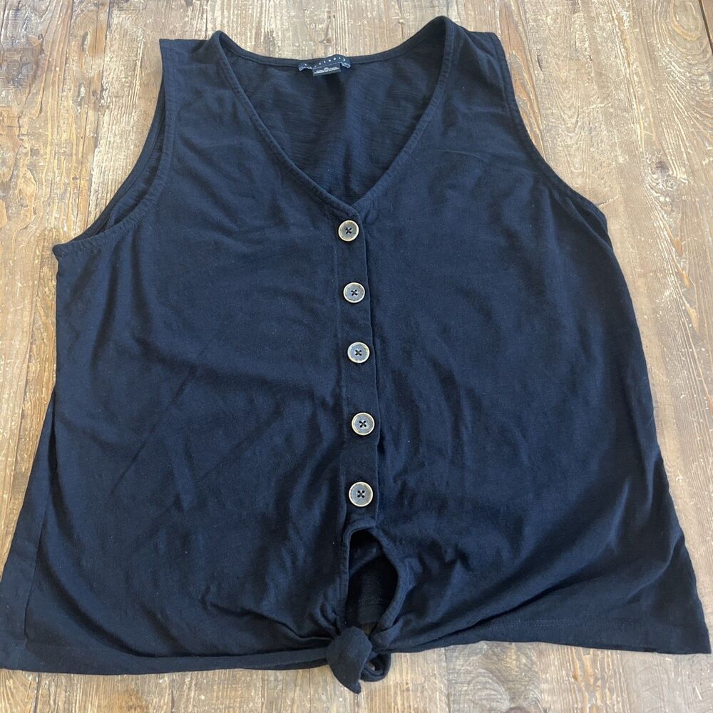 Sanctuary 100% Cotton V-Neck Button Front Tie Hem Sleeveless Tank Top Black XL
